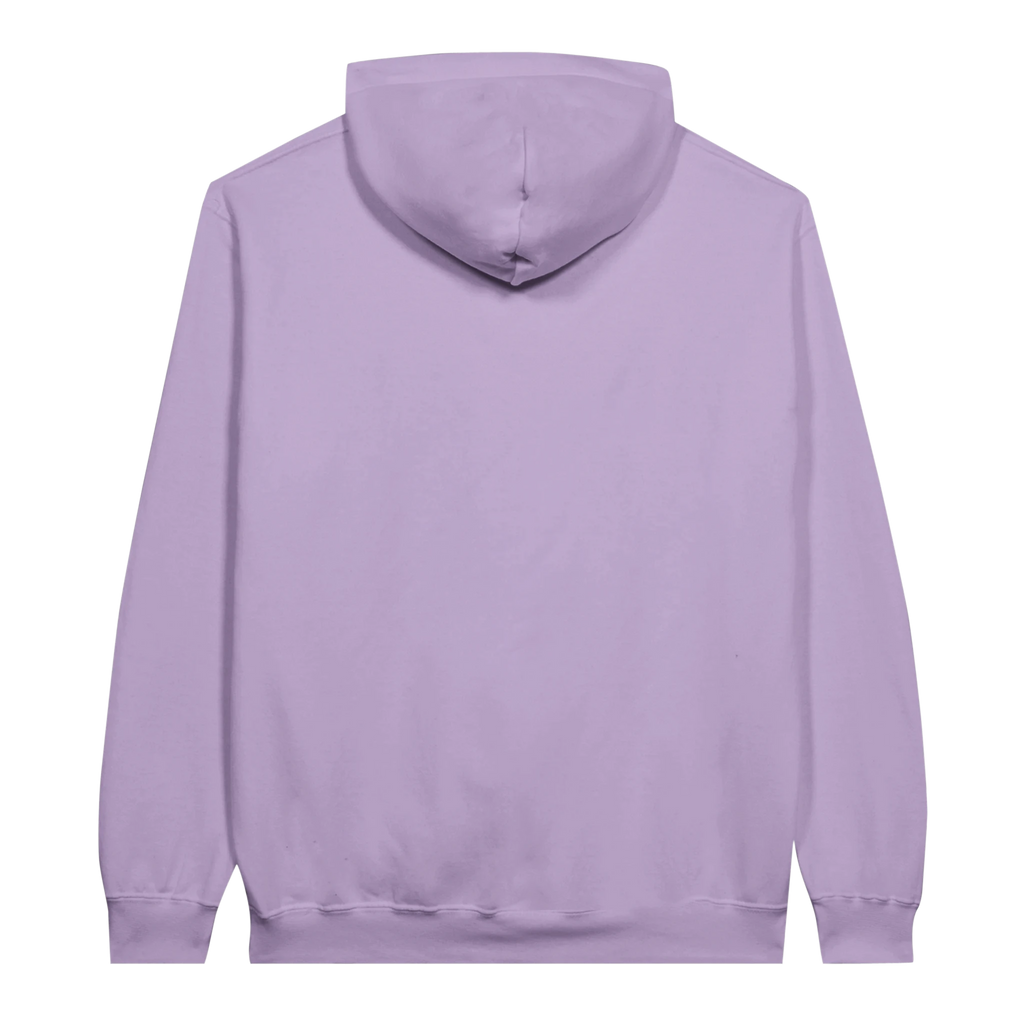 classic pullover hoodie gildan 18500 heavy blend - heather lilac/soft cotton-poly blend, double-lined hood with drawstring, front pouch pocket, rib cuffs waistband, air jet yarn for reduced pilling