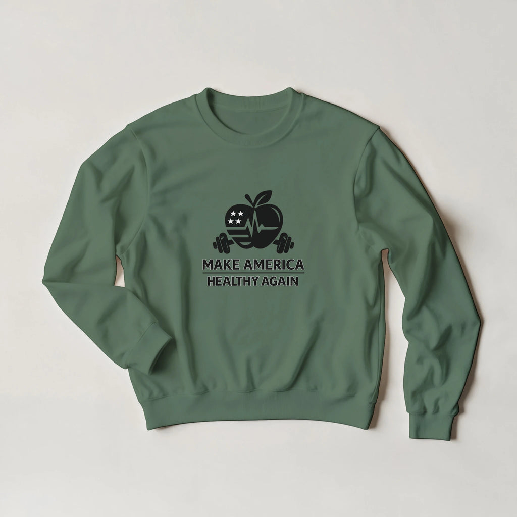 heavy blend crewneck sweatshirt featuring Make America Healthy Again logo with dumbbell and apple graphic on sage green color