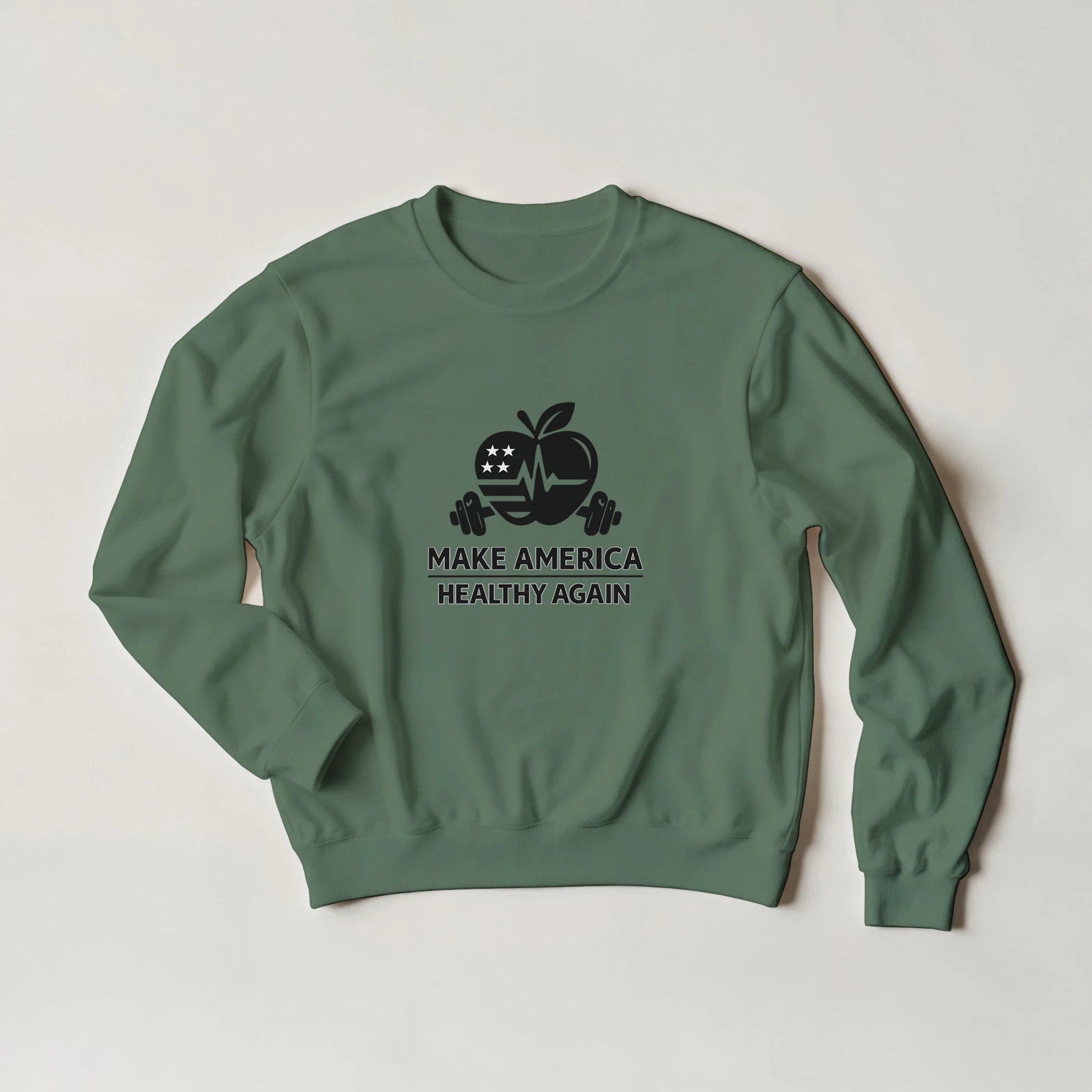 heavy blend crewneck sweatshirt featuring Make America Healthy Again logo with dumbbell and apple graphic on sage green color