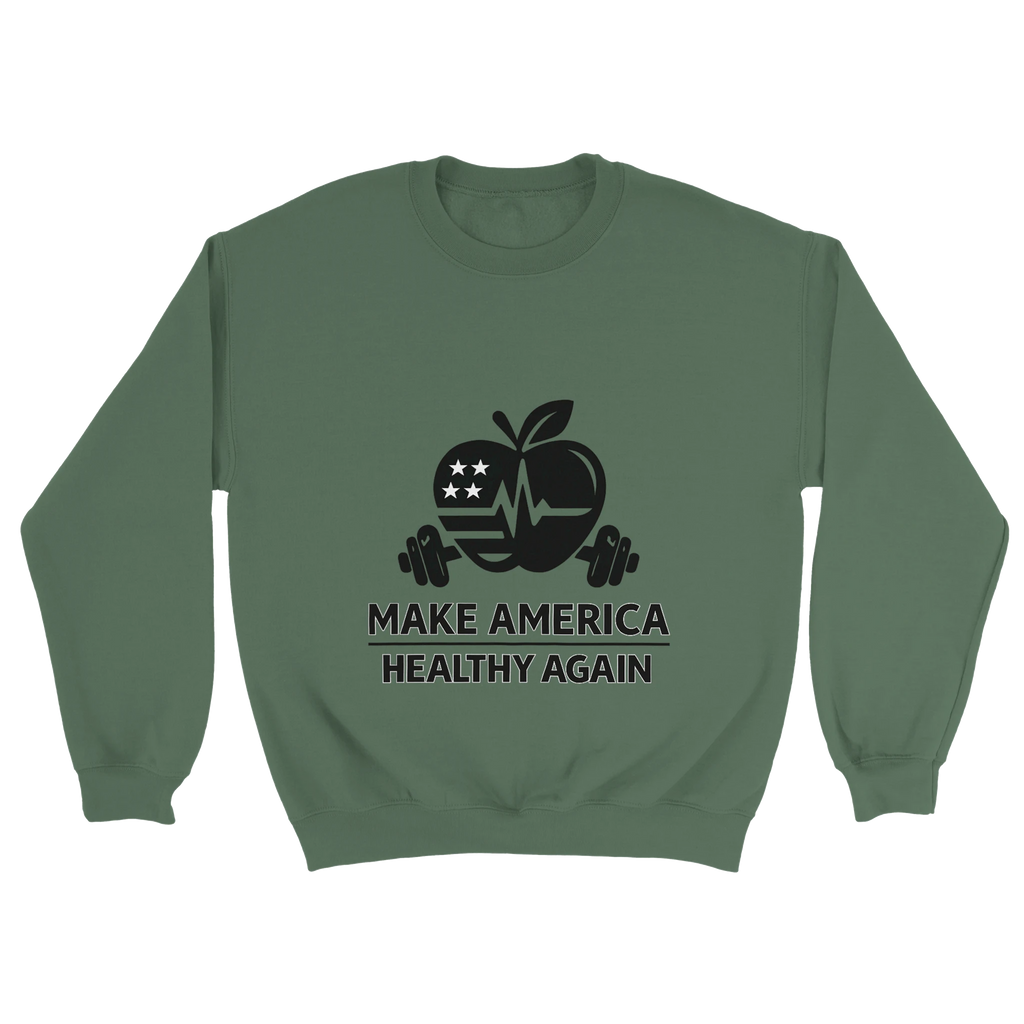 heavy blend crewneck sweatshirt—soft 50/50 cotton-poly fleece, air jet yarn, double-needle stitching, 1x1 rib with spandex, classic fit, Make America Healthy Again graphic