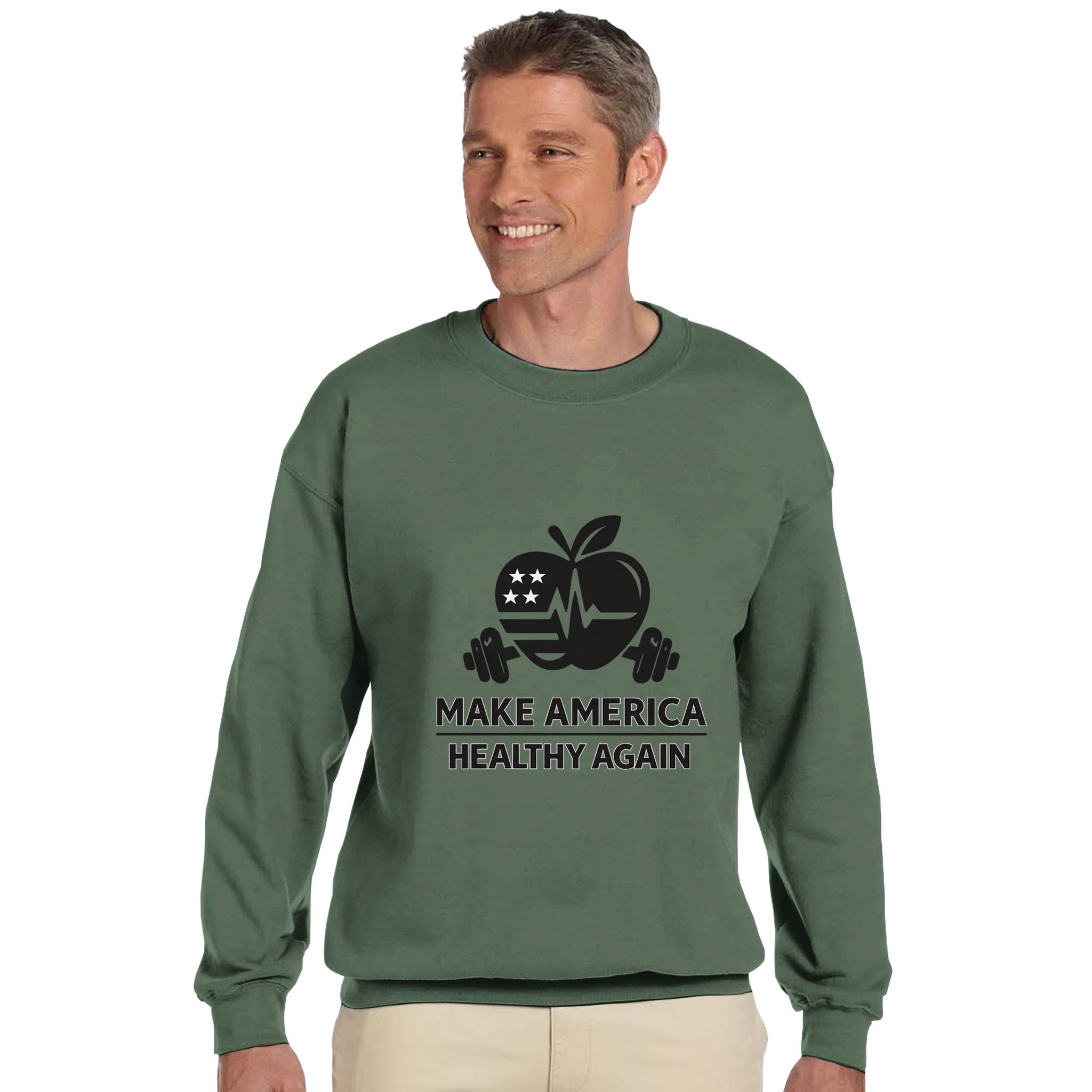 heavy blend crewneck sweatshirt - make america healthy again graphic on green crewneck