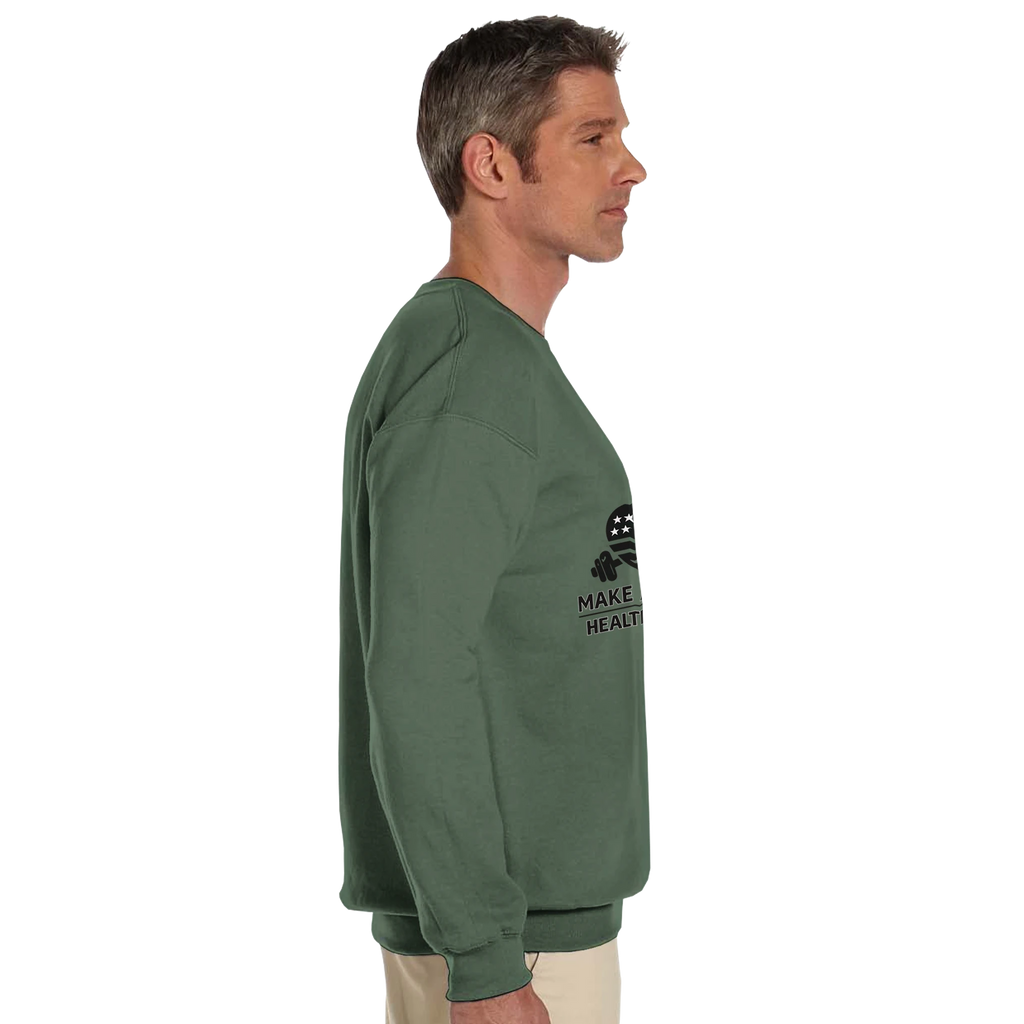 heavy blend crewneck sweatshirt model wearing green 50/50 cotton-poly fleece with ribbed cuffs and classic fit