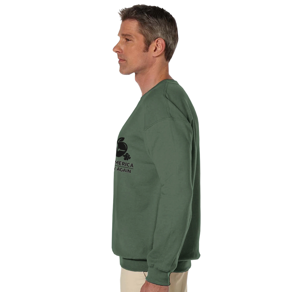 heavy blend crewneck sweatshirt: Gildan 18000-style green long-sleeve fleece with ribbed cuffs and waistband, reinforced stitching, soft cotton-poly mix