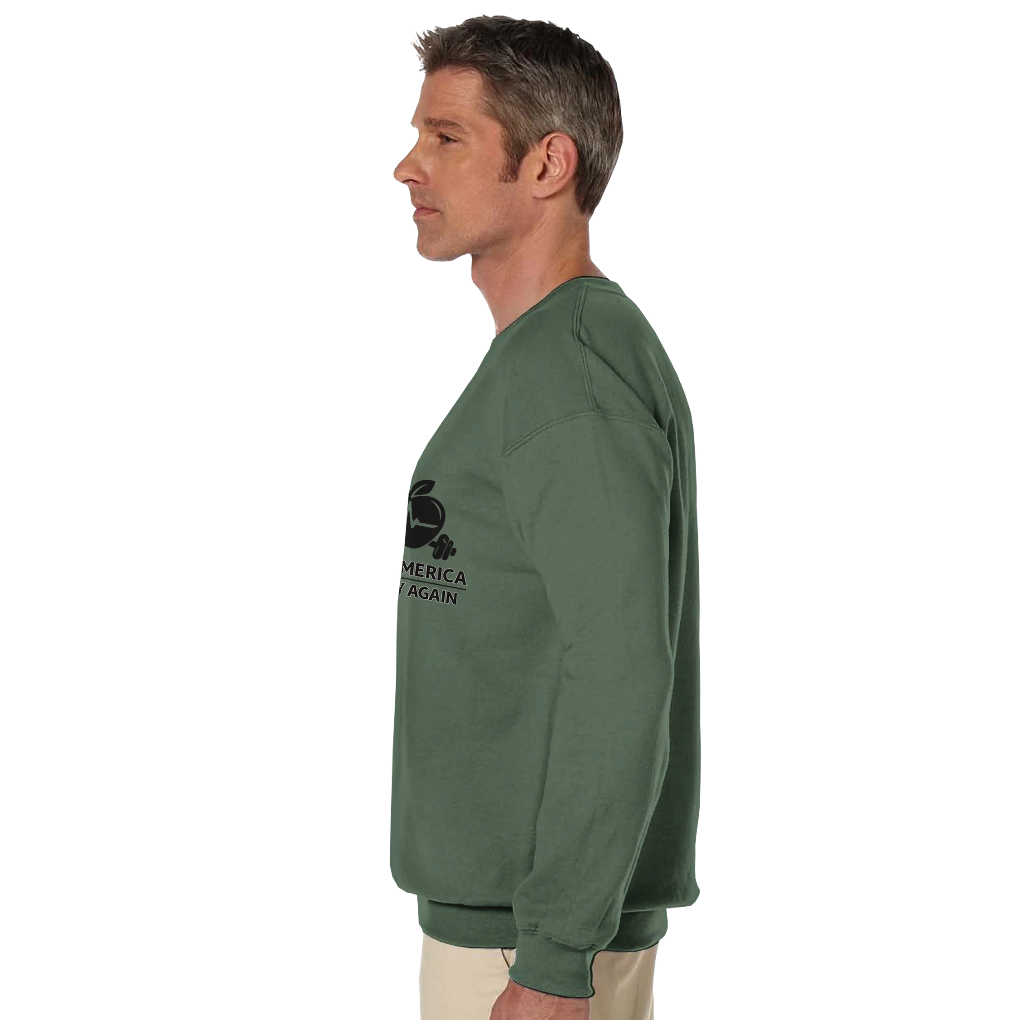 heavy blend crewneck sweatshirt: Gildan 18000-style green long-sleeve fleece with ribbed cuffs and waistband, reinforced stitching, soft cotton-poly mix