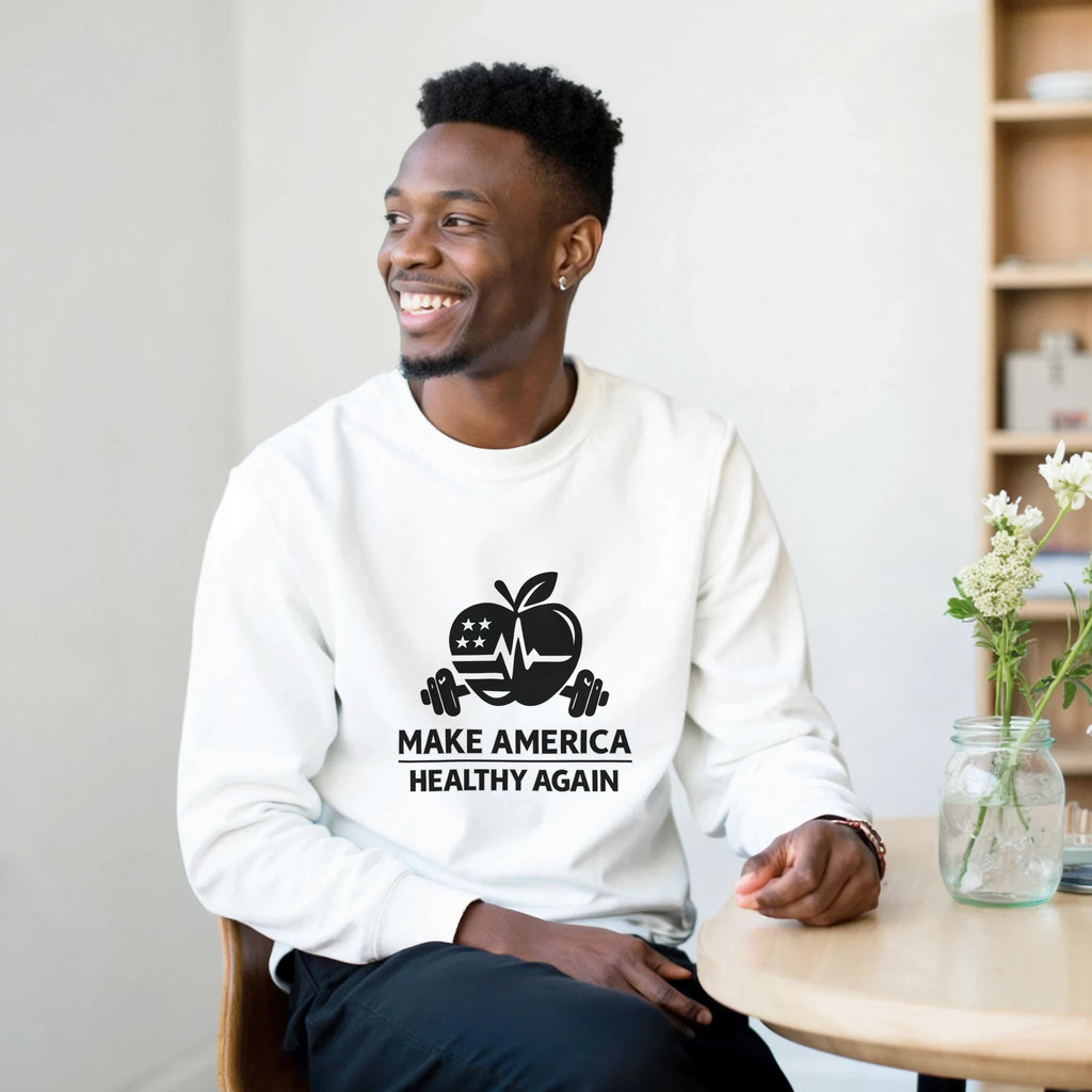 heavy blend crewneck sweatshirt model wearing Make America Healthy Again graphic design on white fleece