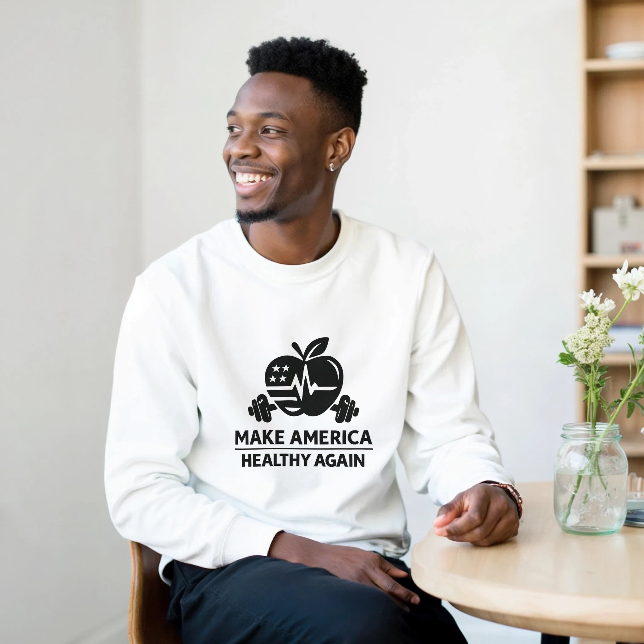 heavy blend crewneck sweatshirt model wearing Make America Healthy Again graphic design on white fleece