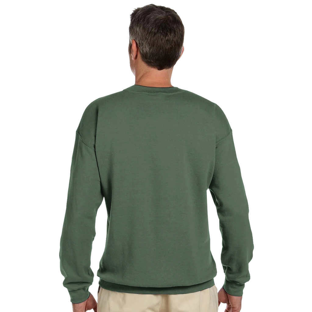 heavy blend crewneck sweatshirt product image featuring back view of man in green Gildan 18000 heavy blend crewneck sweatshirt