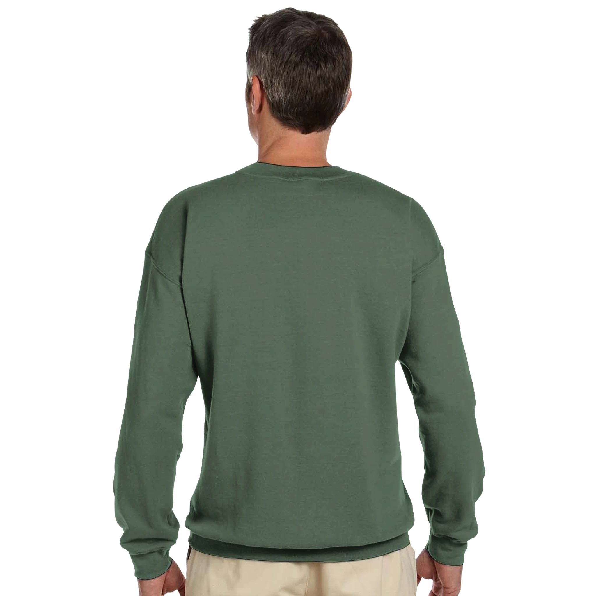 heavy blend crewneck sweatshirt product image featuring back view of man in green Gildan 18000 heavy blend crewneck sweatshirt