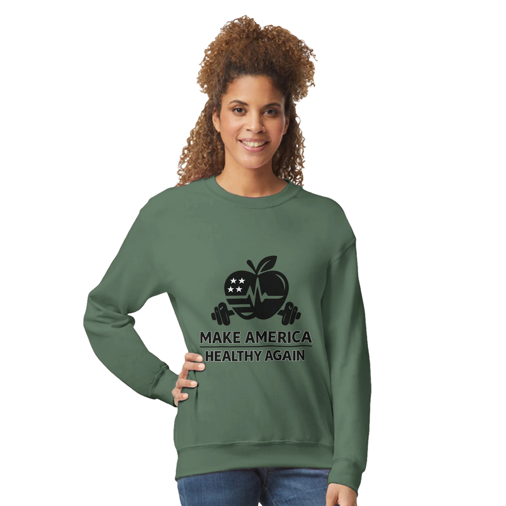heavy blend crewneck sweatshirt product image featuring a model wearing a green crewneck with a printed design