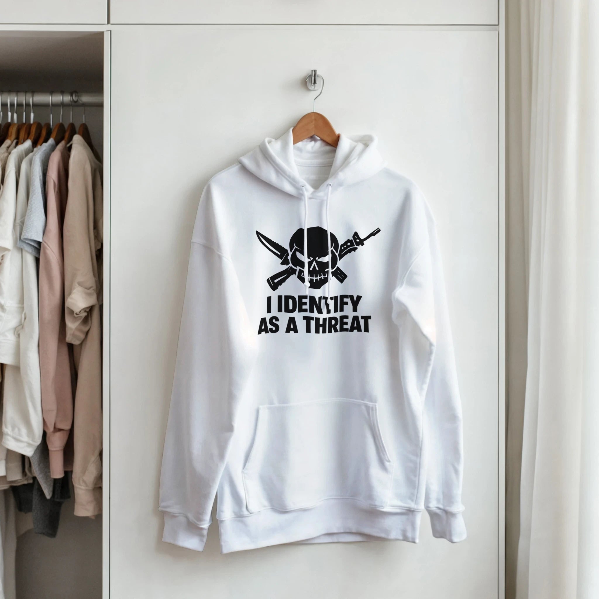 classic pullover hoodie gildan 18500 heavy blend - white hoodie with pirate skull graphic and knives, I identify as a threat front pouch pocket