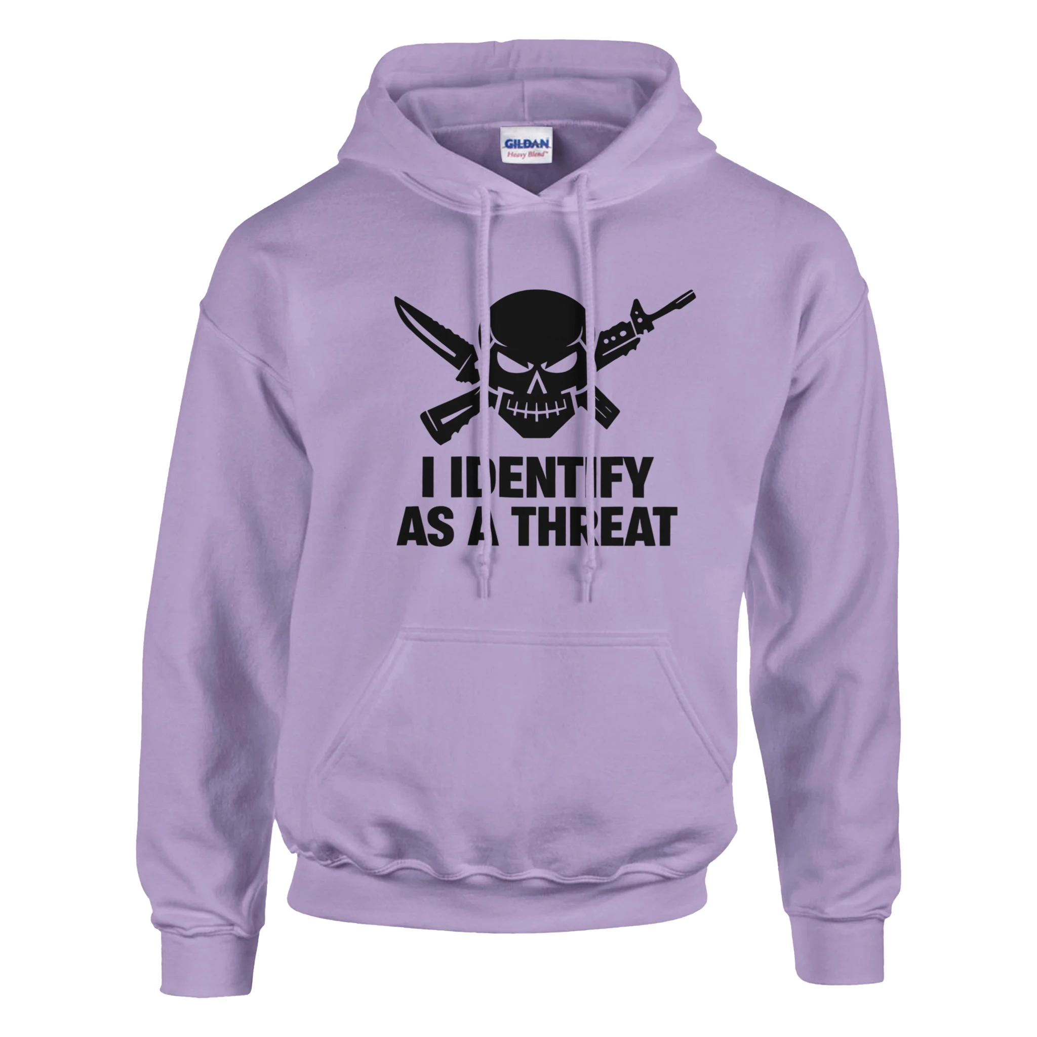classic pullover hoodie gildan 18500 heavy blend - I IDENTIFY AS A THREAT graphic on lavender hoodie with skull, crossed swords, front pocket