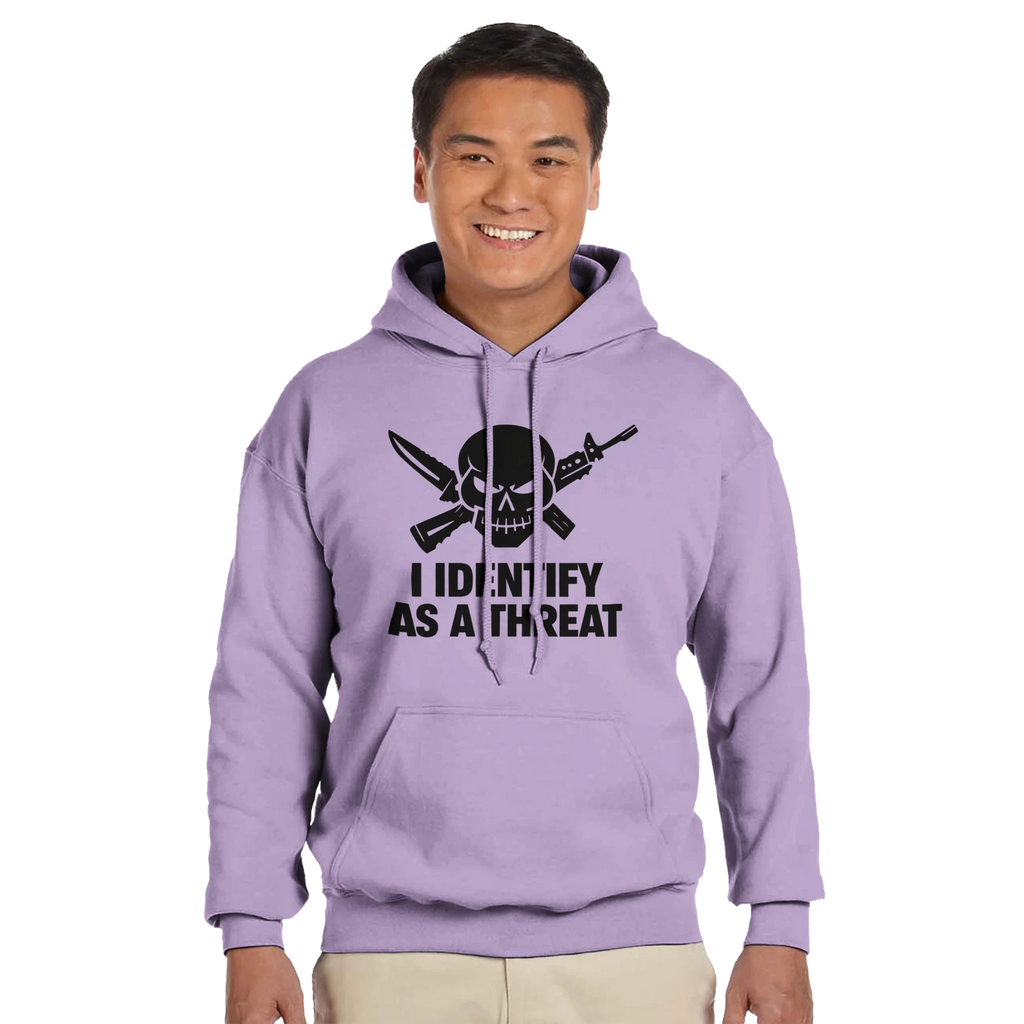 classic pullover hoodie gildan 18500 heavy blend - front view with soft lavender color, dual drawstring hood, front pocket, skull design with crossed knives logo