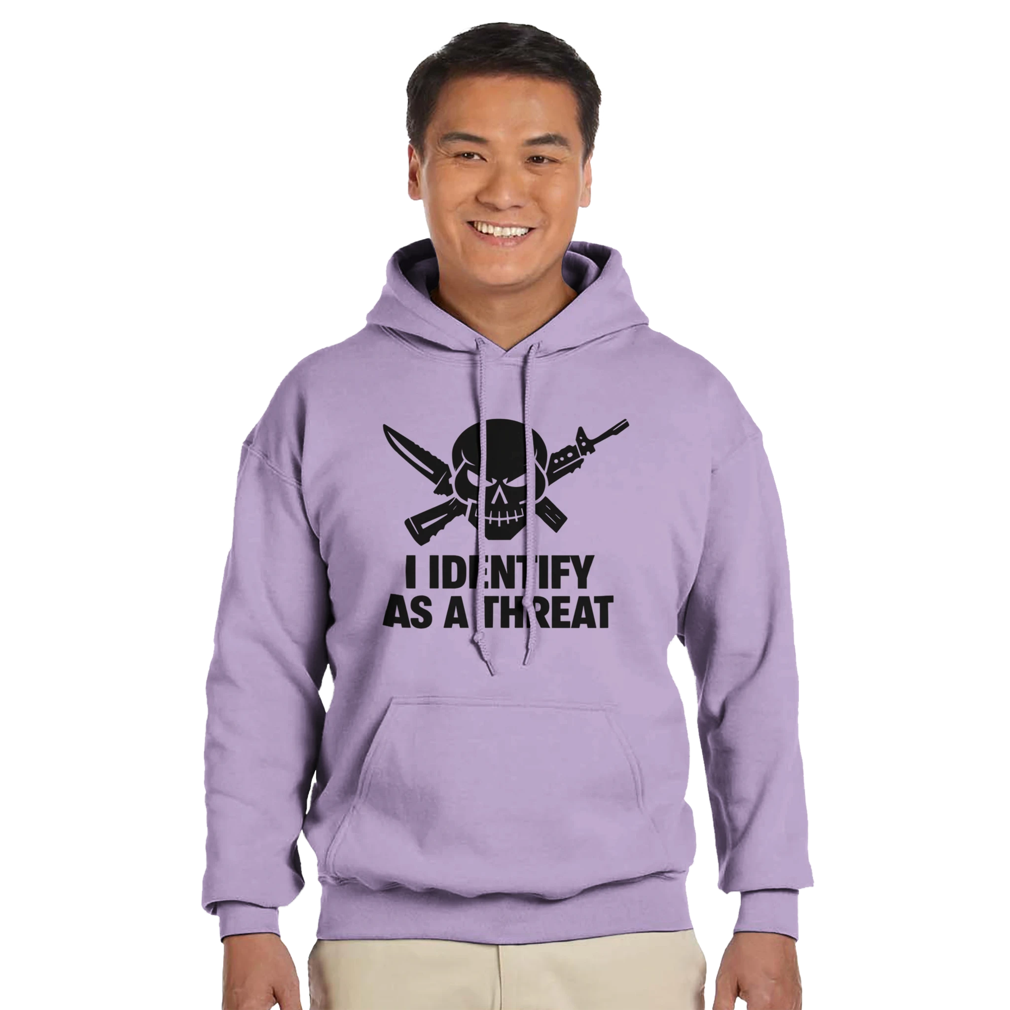 classic pullover hoodie gildan 18500 heavy blend - front view with soft lavender color, dual drawstring hood, front pocket, skull design with crossed knives logo
