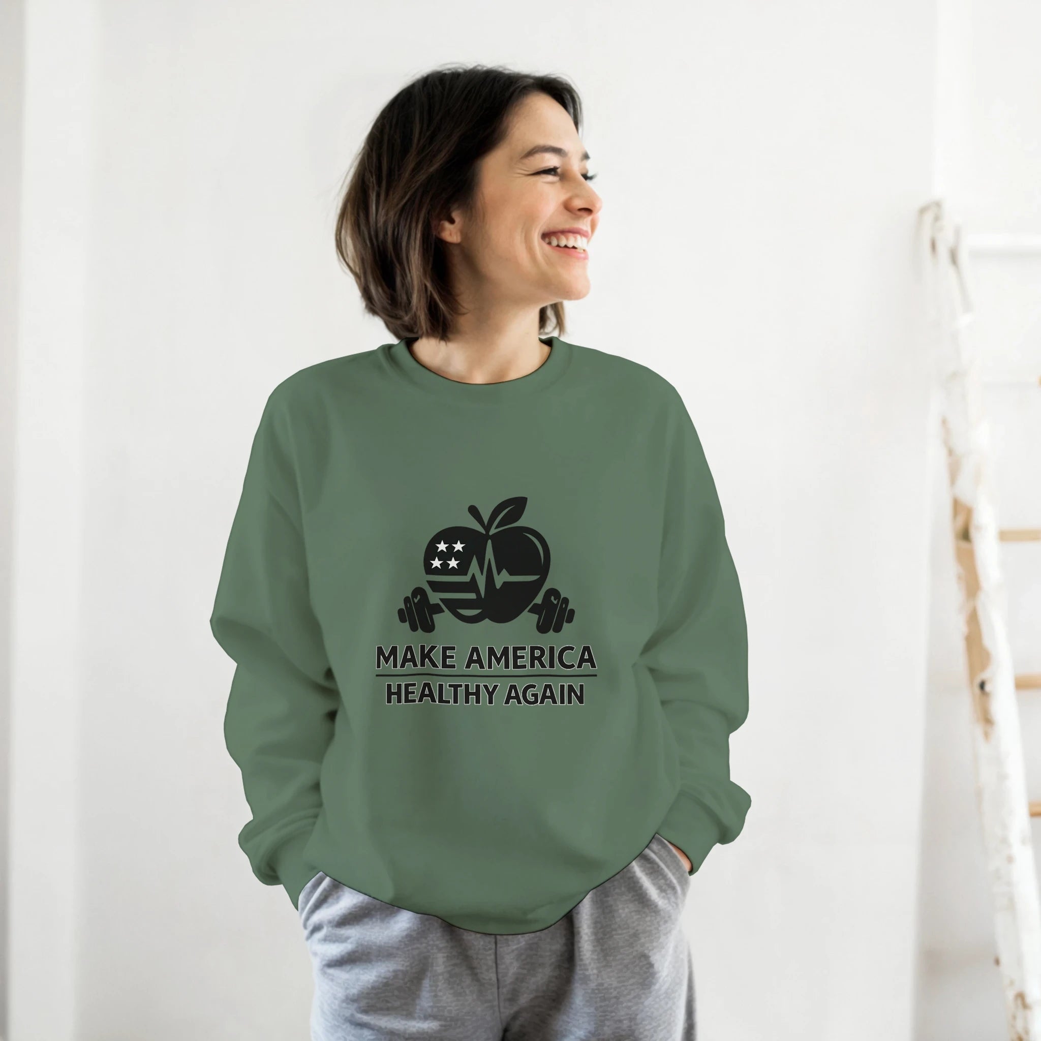 heavy blend crewneck sweatshirt: Make America Healthy Again design on green sweatshirt with woman smiling, casual relaxed fit