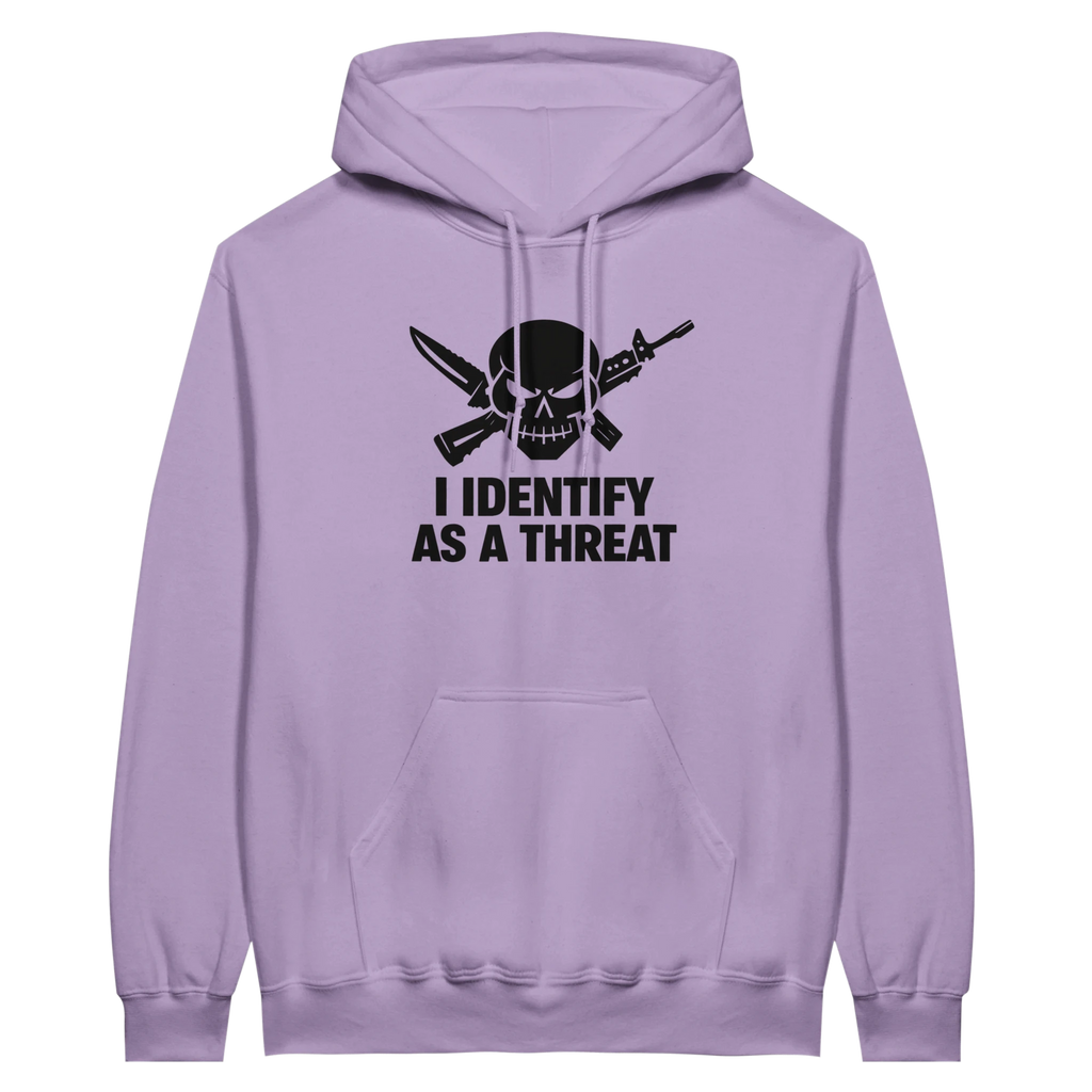 classic pullover hoodie gildan 18500 heavy blend - lavender hoodie with skull knives design, I IDENTIFY AS A THREAT graphic, front pouch pocket, heavy blend fleece