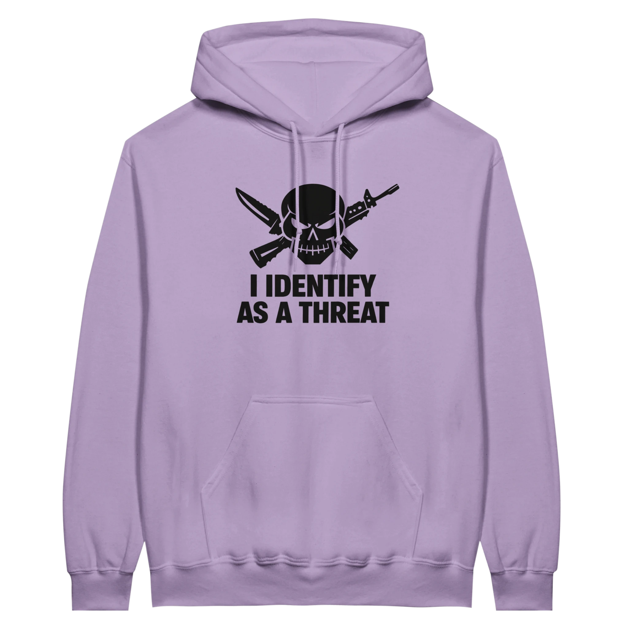 classic pullover hoodie gildan 18500 heavy blend - lavender hoodie with skull knives design, I IDENTIFY AS A THREAT graphic, front pouch pocket, heavy blend fleece