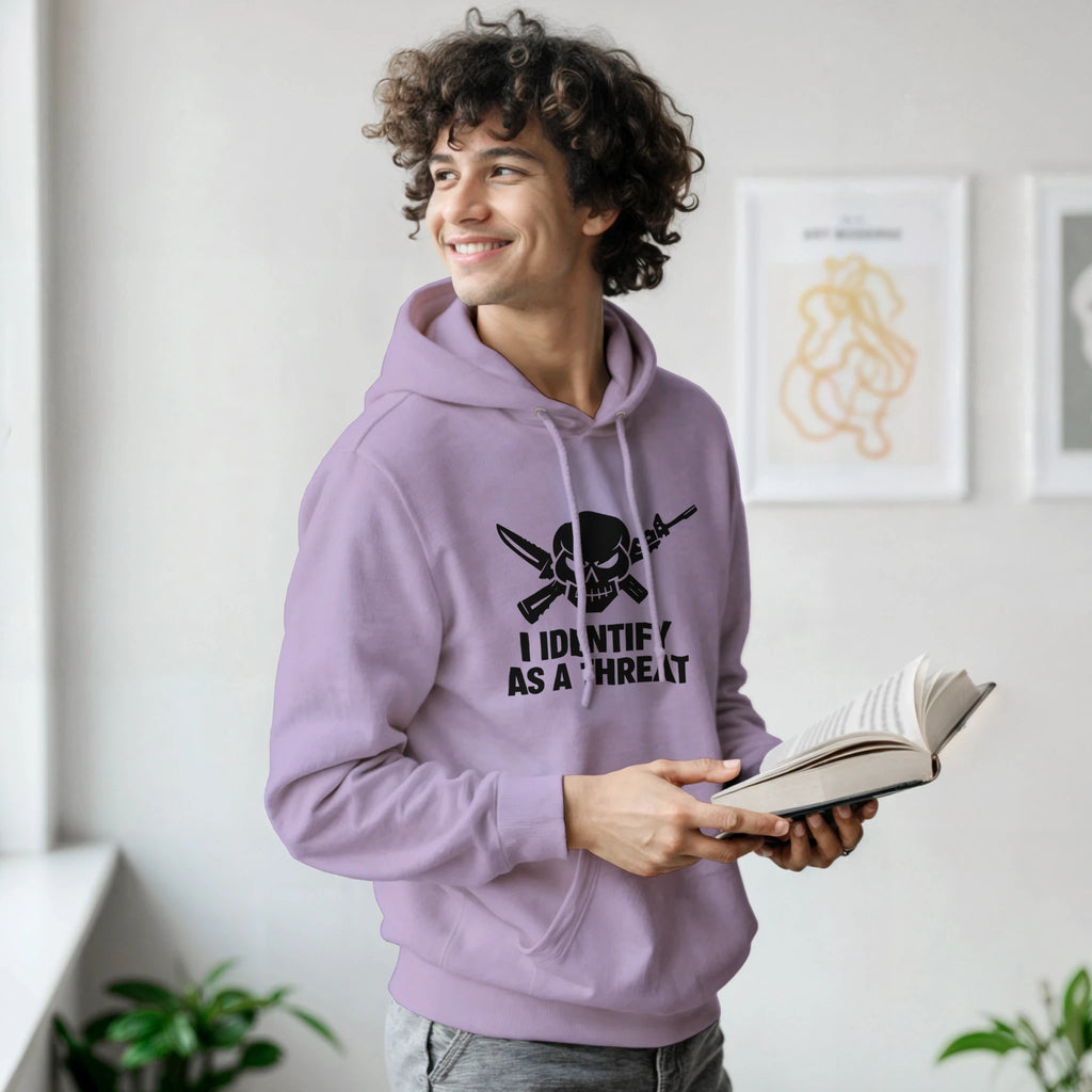 classic pullover hoodie gildan 18500 heavy blend - model wearing lavender hoodie with skull graphic, front pouch pocket, double-lined hood, soft cotton-poly blend
