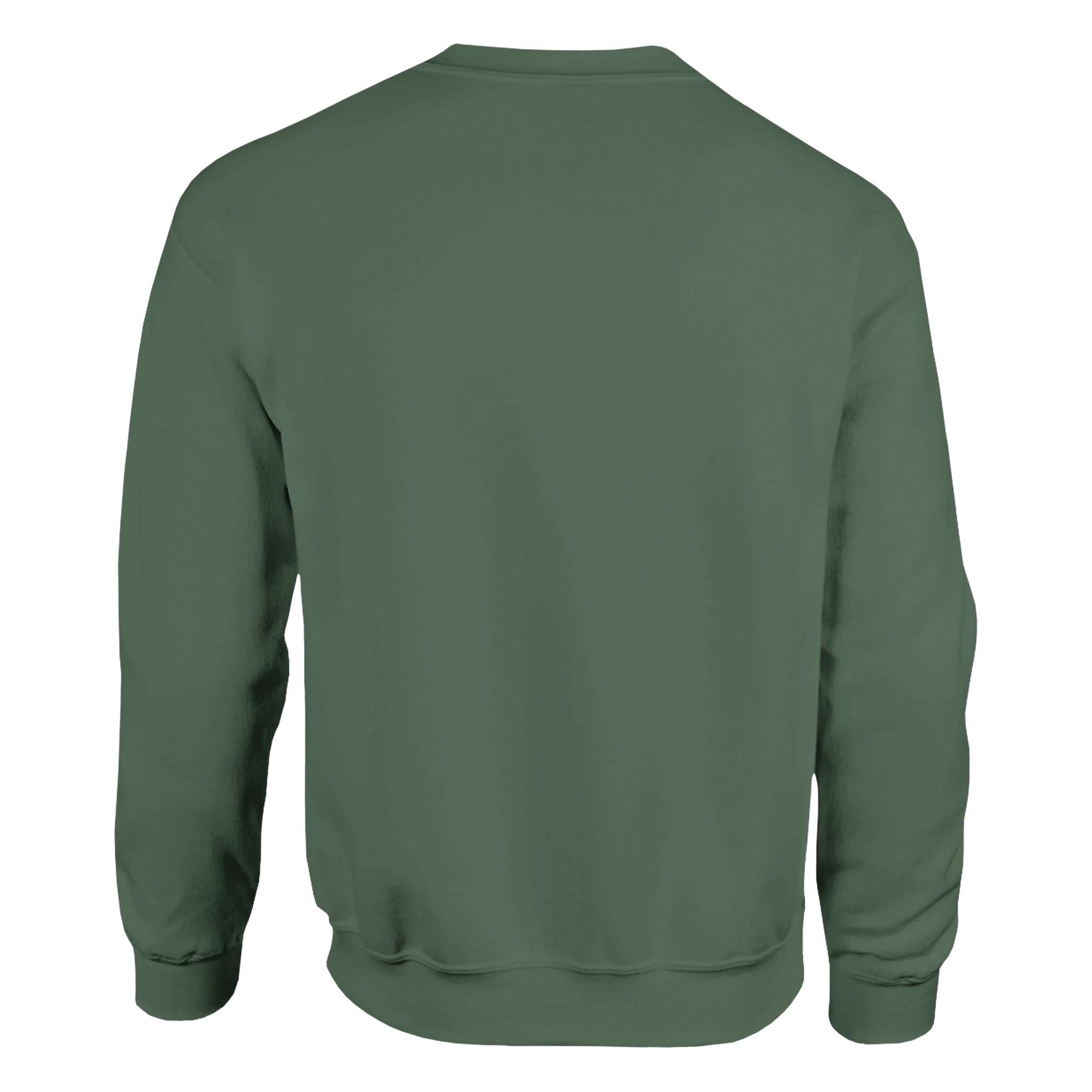 heavy blend crewneck sweatshirt back view, Gildan 18000 style, classic fit heavy cotton-poly blend, knitted cuffs and waistband