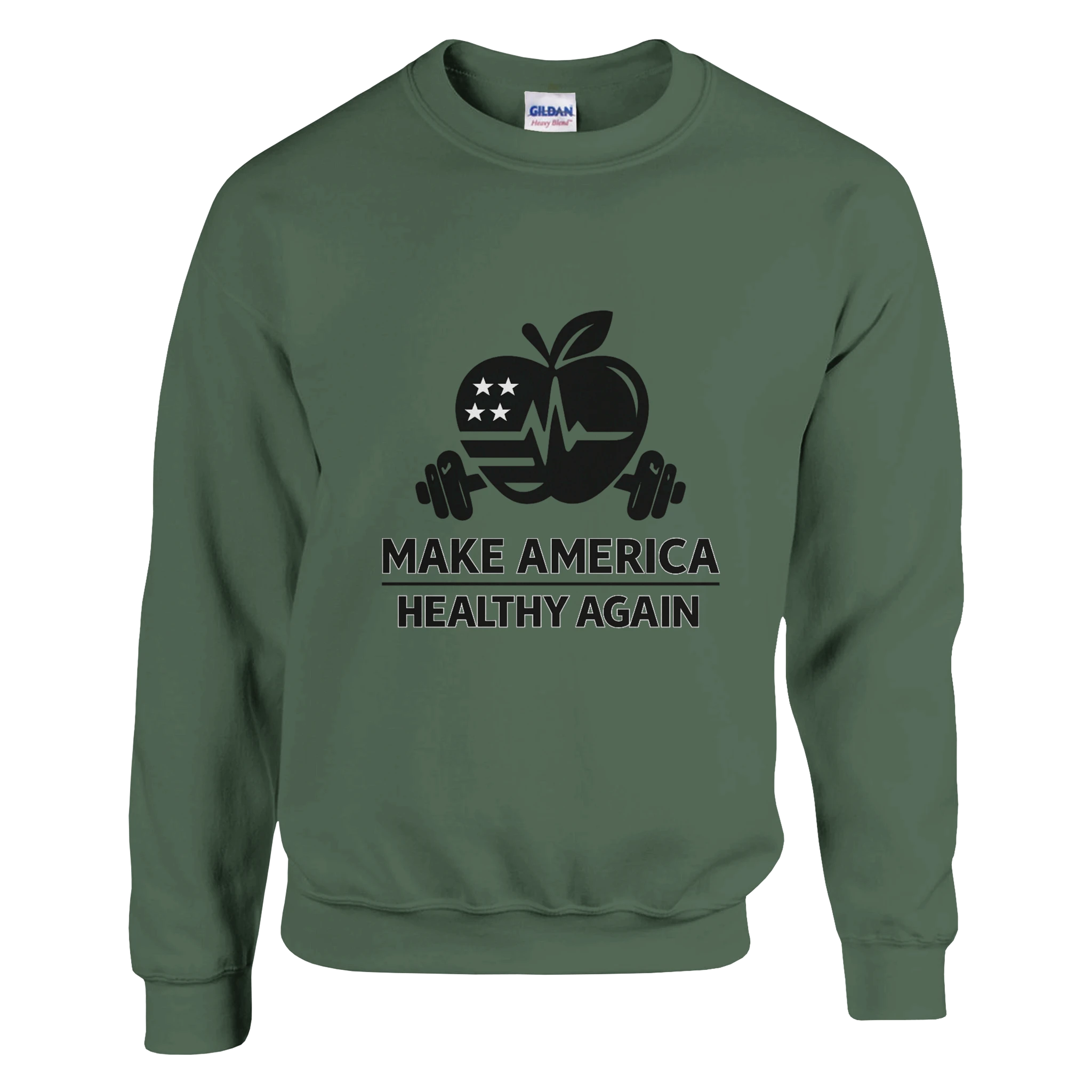 heavy blend crewneck sweatshirt: Make America Healthy Again message with gym icon and weights on green Gildan 18000