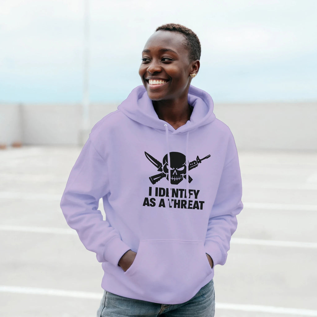 classic pullover hoodie gildan 18500 heavy blend - model wearing lavender hoodie with skull graphic and crossed swords, front pouch pocket, on rooftop