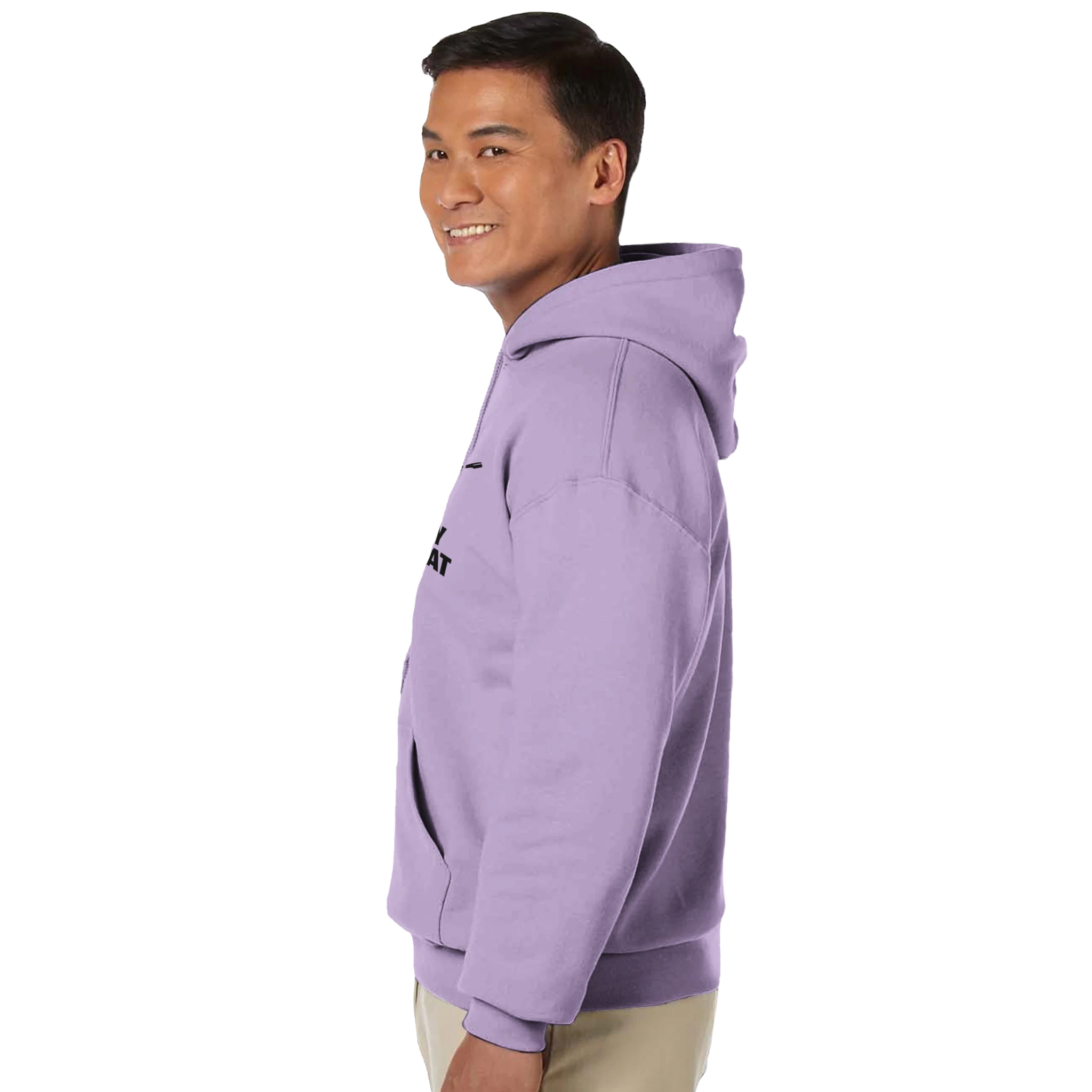 classic pullover hoodie gildan 18500 heavy blend - man in lavender Gildan hoodie with front pocket, double-lined hood, air jet yarn for softness