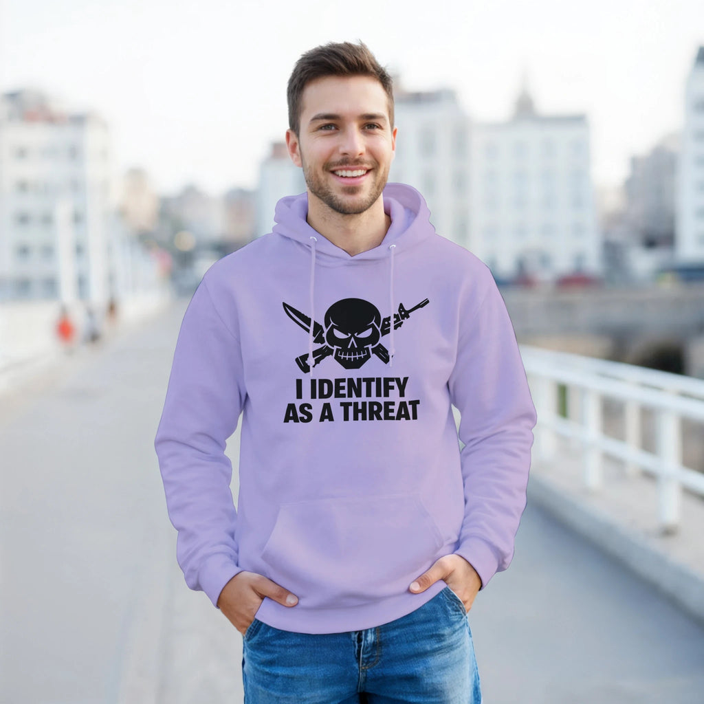 classic pullover hoodie gildan 18500 heavy blend front view with skull graphic and I IDENTIFY AS A THREAT slogan in lavender hoodie on smiling man