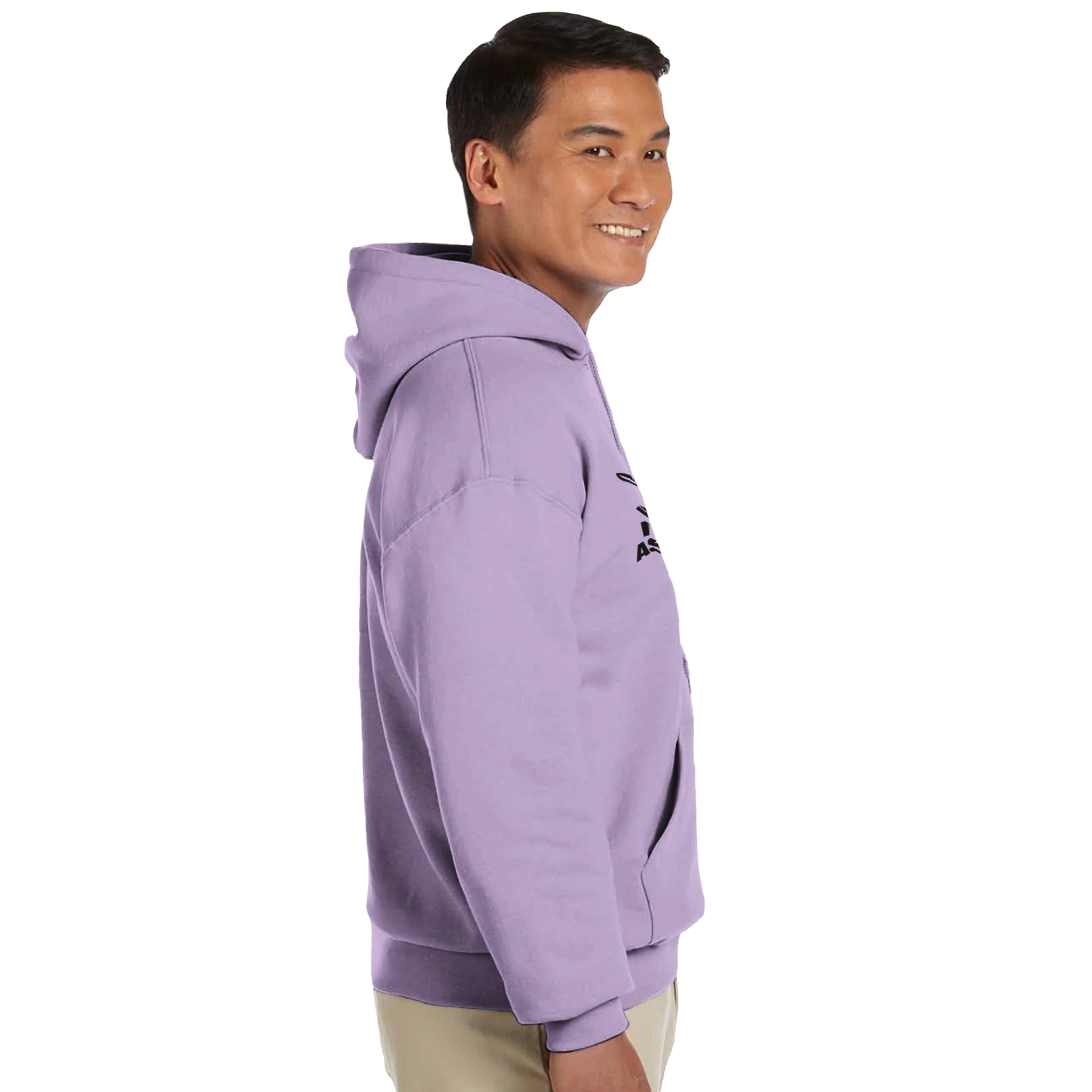 classic pullover hoodie gildan 18500 heavy blend product photo with man wearing lavender hoodie side profile view