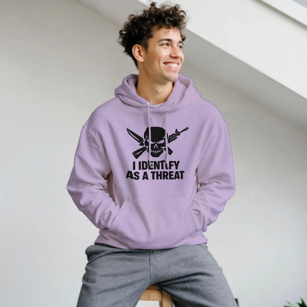 classic pullover hoodie gildan 18500 heavy blend - I IDENTIFY AS A THREAT featured on front with skull and crossed blades graphic (soft 50/50 cotton-poly sweatshirt)